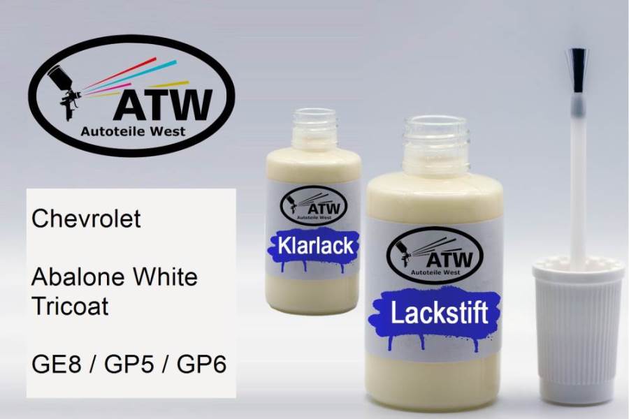 Chevrolet, Abalone White Tricoat, GE8 / GP5 / GP6: 20ml Lackstift + 20ml Klarlack - Set, von ATW Autoteile West.